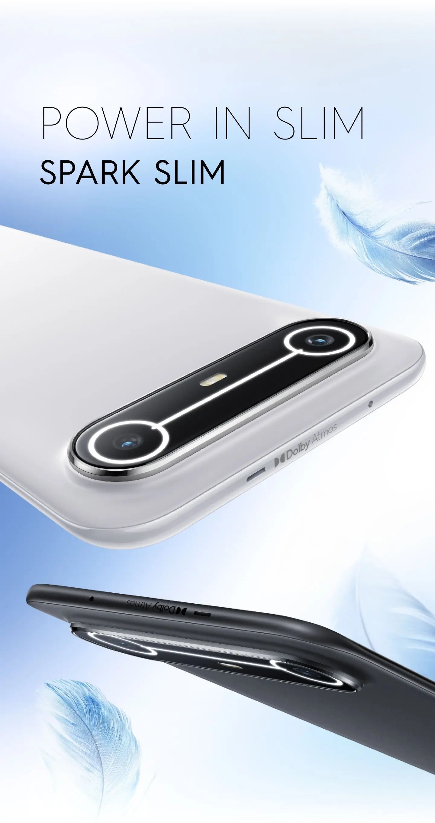 Tecno Spark Slim white and black backs with the glowing dual-camera light bar